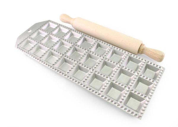 Raviolatore quadrati da 24 posti in alluminio e mattarello