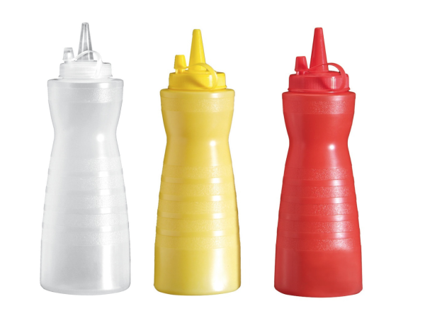 Flacone dosatore, biberon, dosasalse in polietilene 0,33 lt. (giallo, rosso, bianco)