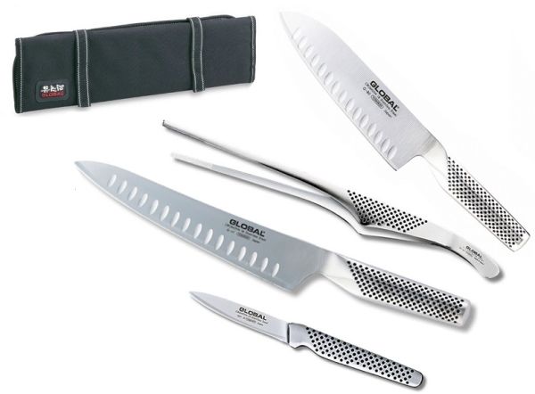 Avvolgibile Chef de Partie completo di coltelli giapponesi Global