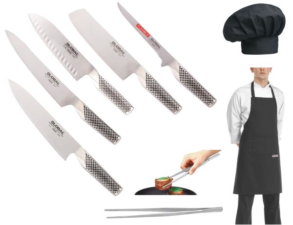 Mr. Global Five: 5 Coltelli Giapponesi Global + Pinza Cuoco + Grembiule + Cappello da cuoco