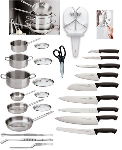 Set Base allestimento cucina: 6 Pentole + 5 coperchi, 9 Coltelli, Affilatoio, Pinze e Forbice