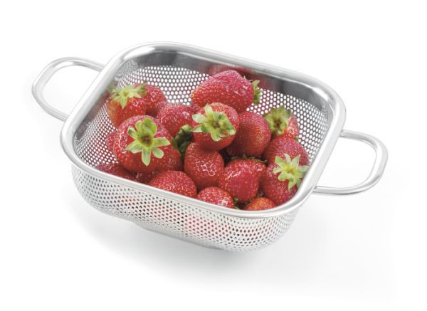 Cestello forato quadrato con base e due maniglie in acciaio inox