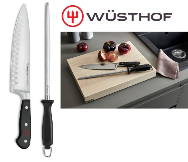 Cut & Sharp: taglia e affila - coltello cuoco con alveole e acciaino di Wusthof