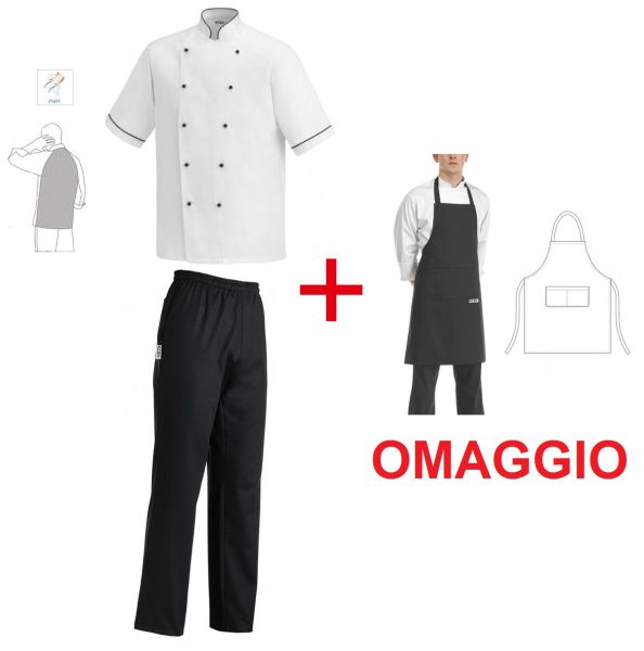 Completo Giacca da cuoco bianca e pantalone nero + grembiule in OMAGGIO