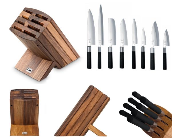 Ceppo in noce completo di 8 coltelli Wasabi Black di Kai