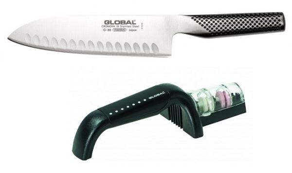 Set Asian: Santoku con alveole di Global e Affilatoio Minosharp