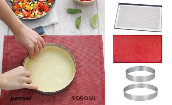 Progetto crostate: Teglia, tappettino, 2 anelli forati cm. 17 e cm. 21