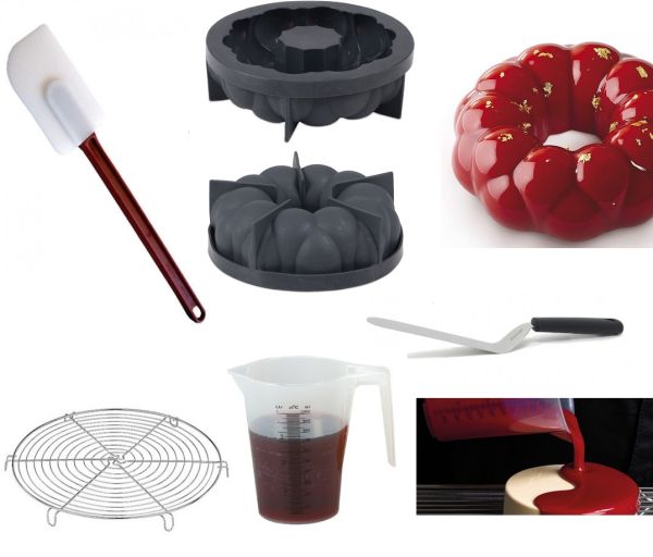 Set pasticceria Torta Singapore: Stampo in silicone, spatole, caraffa, griglia di colaggio