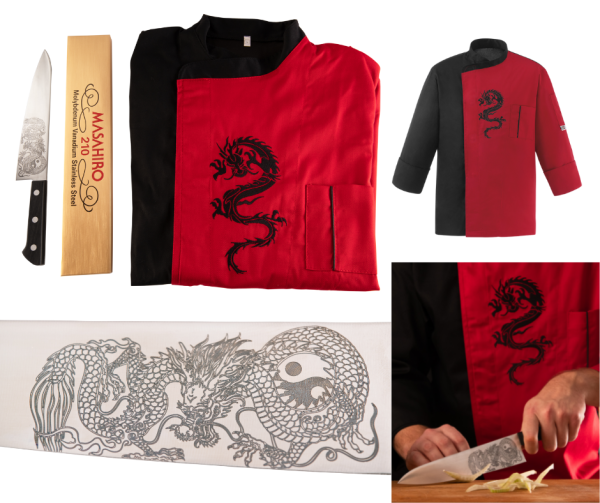 Set Coltello giapponese Gyuto Masahiro Dragone con personalizzazione nome + Giacca da cuoco Dragone