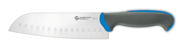 Coltello Santoku alveolato cm. 18 manico blu Linea Tecna di Ambrogio Sanelli