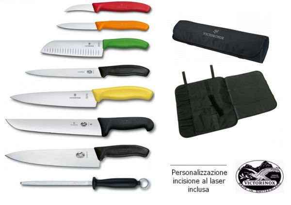 Valigetta completa 7 Coltelli 1 acciaino Victorinox PERSONALIZZATA 